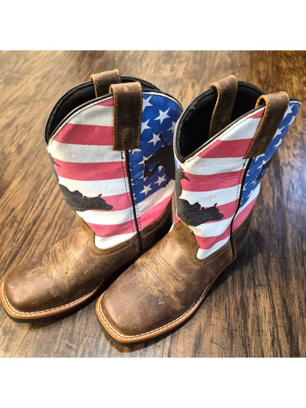 Dan Post Buck Leather Square Toe Cowboy Boots American Flag Bronco Child 13.5D